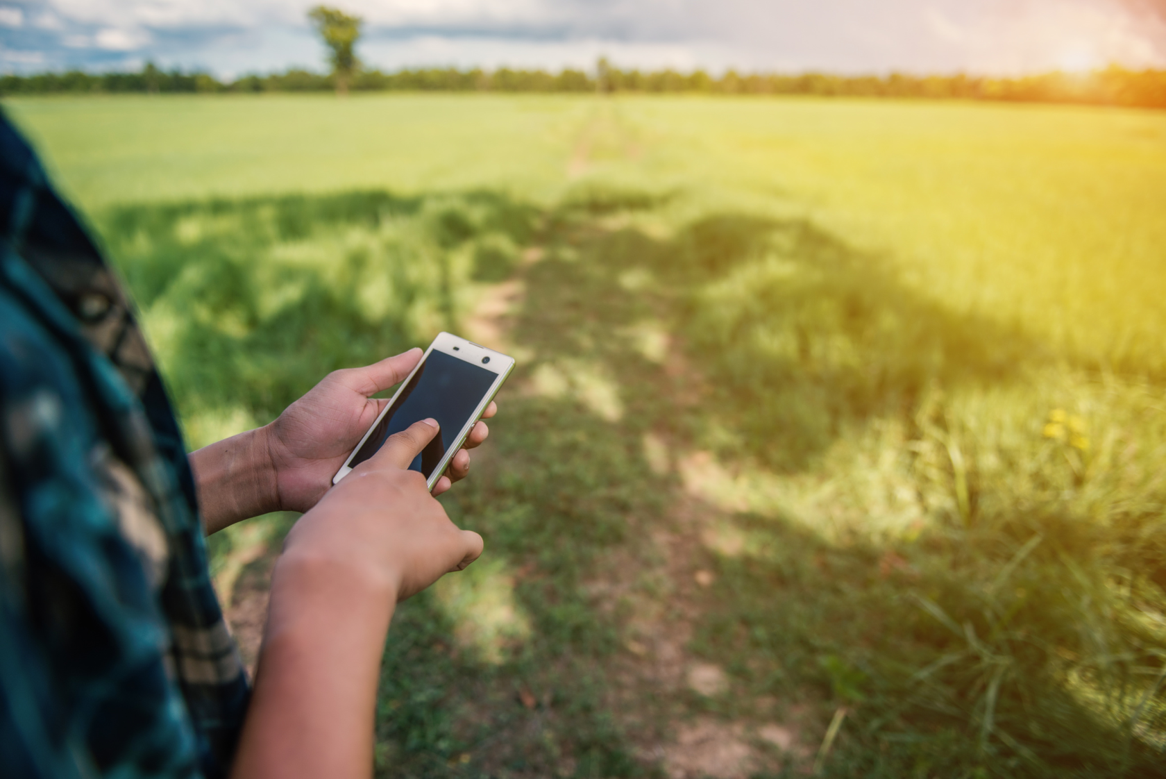 Agriculteur avec son smartphone au bord de son champ
